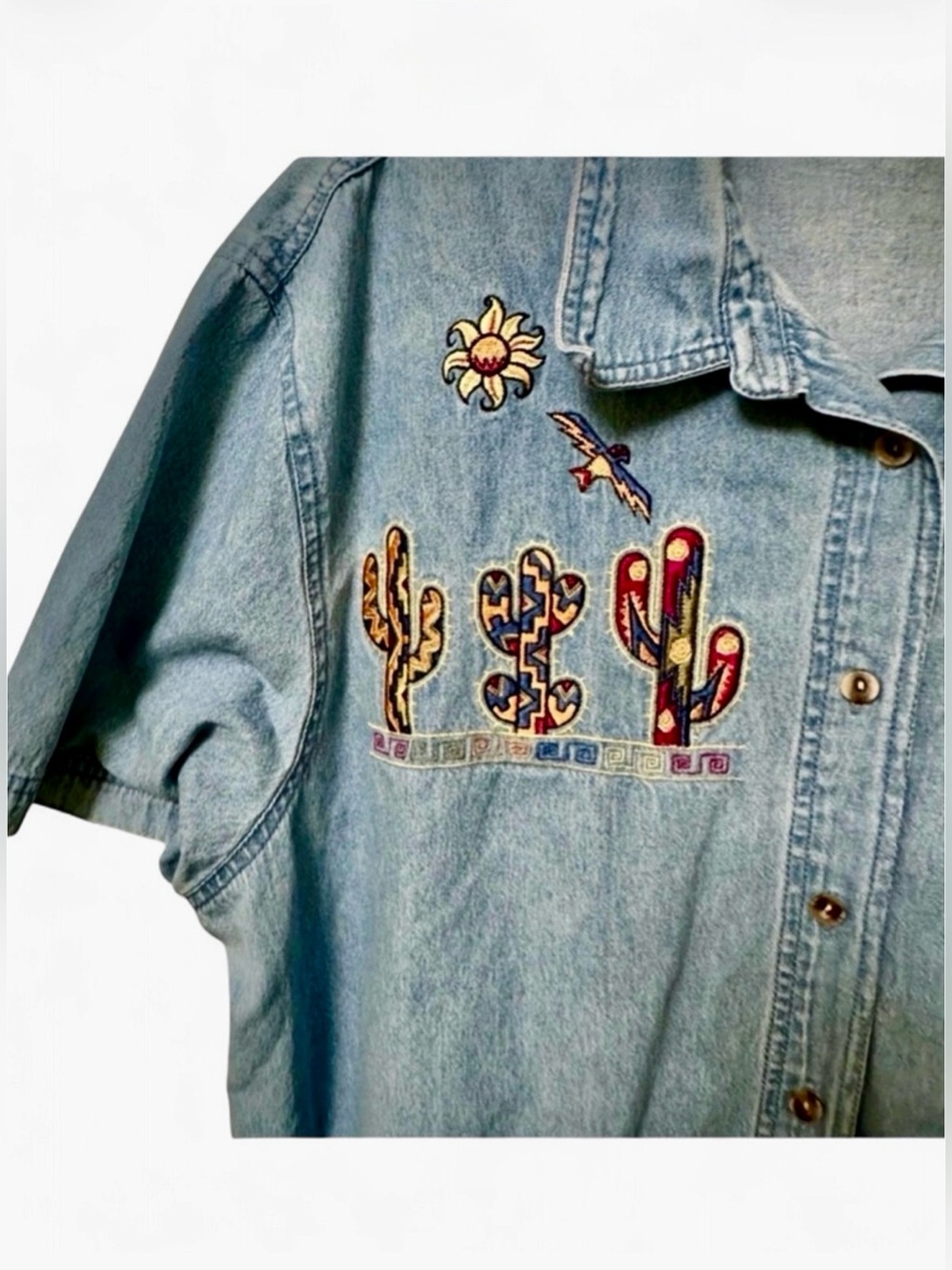Vintage Denim Button Down Cactus Flower Aztec Embroidered Shirt - Women’s XL